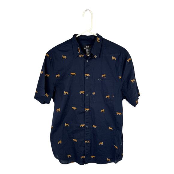 H&M Short Sleeve Shirt Medium Mens Blue 21" Chest Designer Animal Leopard - Picture 1 of 6